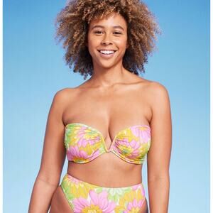 Shade & Shore V-Wire Bandeau Halter Bikini Top Multi Floral Print 36B